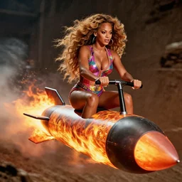 beyonce with a afro hair style riding a hellfire missile, cinematic framing, cinematic lighting, hdr, gritty, movie still, 4k,  70s psychedelic style