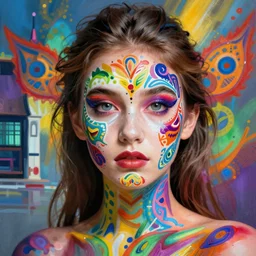 a beautiful girl wearing colourful face paint surrounded by bright intricate patterns, painted by edgar maxence and edward hopper, wayne barlowe, painted by james gilleard, airbrush, art by jamesjean
