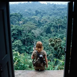 film still, extreme far view, emma watson, jungle, vietnam door gunner, aerial view above trees, apocalypse now, associated press, 2 6 mm, kodak ektachrome, blue tint expired film,