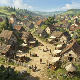 concept art, a beautiful highly detailed display of a fantasy small medieval open exterior market of a small town, poor, small, bright, noon light, realistic daylight lighting poster by michael garmash