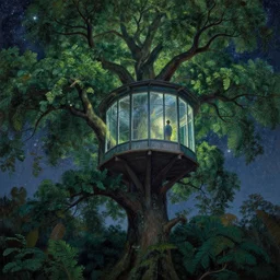 a giant big tall tree lush with leaves and branches, with a big window up there, someone is inside the window looking out to the milky way. highly detailed painting by gaston bussiere, greg rutkowski 8 k