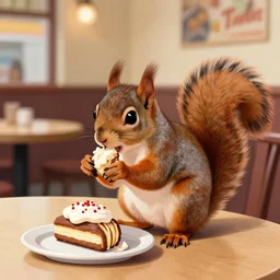 a realistic digital drawing of a squirrel eating a twinkie at a table inside a restaurant
