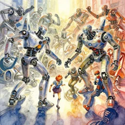 a beautiful insanely intricate watercolor illustration of an epic battle between two self aware robots, reflections, colorful, by william turner art, by greg rutkowski, by james jean, by rossdraws, by frank franzzeta, by sakimichan, by edmund dulac, trending on artstation, insane - detailed, masterpiece,