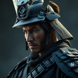 an artistic full body powerful japanese samurai wearing military and tactical gear, detailed face, face symmetry, character concept art by moebius and laurie greasley, profile picture, octane render, 8 k, cinematic color grading