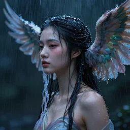 hyperrealism, night background rain, 3 / 4 profile portrait of a wet goddess real face jellyfish phoenix crow wings, artwork by tooth wu and wlop. octane render, trending on artstation, greg rutkowski cinematic, hyper realism, high detail, octane render, 8 k