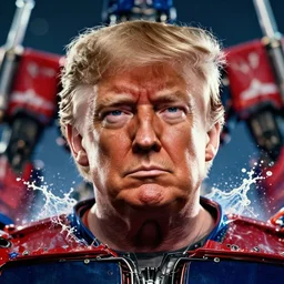 portrat of donald trump! as optimus prime in ( gears of war ), transformers, splash art, maga!, patriot!, movie still, detailed face, photorealistic facial features, cinematic lighting, dramatic, octane render, long lens, shallow depth of field, bokeh, anamorphic lens flare, 8 k, hyper detailed, 3 5 mm film grain