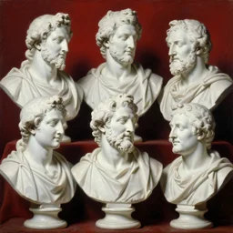 6 white exquisite ancient male busts smiling, oil paint, classic art, 1 6 century style, volume light, in the style of beksinski, parts by edward hopper, parts by rodcenko, parts by yue minjun, diego velazquez, intricate and epic composition, red by caravaggio, insanely quality