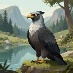 prompt mythological harpy, sitting at a pond, mountainous area, trees in the background, digital art