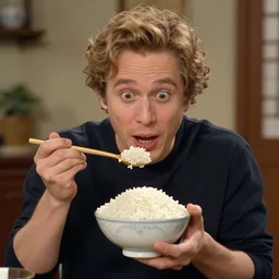 Ginger man having the time of his life with a bowl of rice