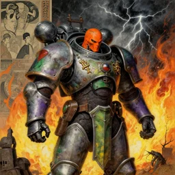 composition of gothic and futuristic, warhammer, cyber fight armor, more and more scars, thunderstorm, firestorm, orange head, some green and purple, yellow, the middle ages, highly detailed, artstation, in the style of moebius, jugendstil and classic japanese print, art by by rene magritte, jean delville