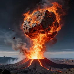 fiery meteorite crashing into an active volcano, artist's impression