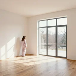 person in pyjamas standing near window, sun rays, daylight, big french door window, big spatious room, 2 4 mm, wooden floor, modern, pastel palette, winter sun, photorealistic, high ceiling, watercolor painting
