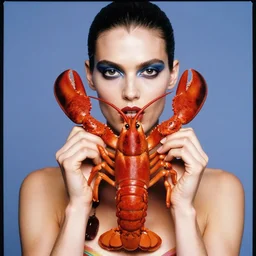 extremely detailed studio closeup portrait of a fashion model holding a lobster. surreal photograph, lo - fi, polished look, solid background, silly and serious, hermes ad, fashion photography, toiletpaper magazine by pierpaolo ferrari and maurizio cattelan, 3 5 mm photograph, colourful, david lachapelle, canon eos c 3 0 0, 8 k, medium - format print