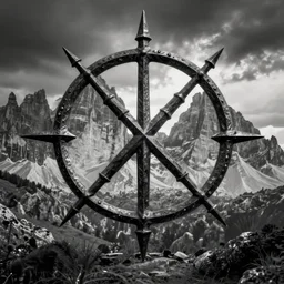 old occult sign built from sickles, centered, no repition, dark, black and white, dolomites in background, dolomites, dark, eerie, despair, portrait photography, artstation, digital art, adward winning