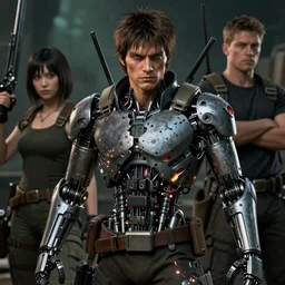 UHD hyperrealistic photorealistic detailed image of Strelok from the Stalker video game series with sparking, busted, broken cybernetic implants and an heroic expression by Ayami Kojima Amano Karol Bak, Greg Hildebrandt and Mark Brooks