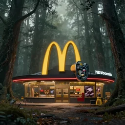 pristine mcdonald's in the apocalyptic forest, hd