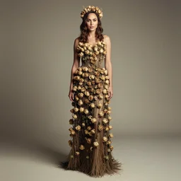full body fine art photo of the beauty gal gadot, she has a crown of dried flowers and she is wearing a fashionist conceptaul dress made of dried roses, taken by oleg oprisco