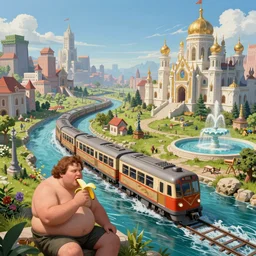 Fat warrior eating a banana on a fantasy city with a train that rides inside of a waterway, next to a fountain and a mystical palace.  By Konstantin Razumov, highly detailded