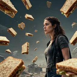 still of female co - lead confronted by many flying sandwiches, from gritty scifi blockbuster flying sandwiches from space!