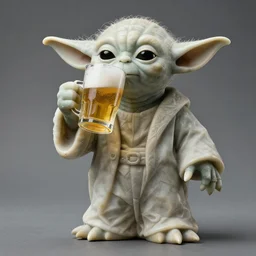 a Marble Statue of Yoda drinking a glass of beer.