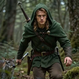 a handsome young rugged halfling ranger with blue eyes and a dark green hood and cloak stalking prey in the forest, adventure gear, by Tony Sart, trending on ArtStation, realistic, detailed