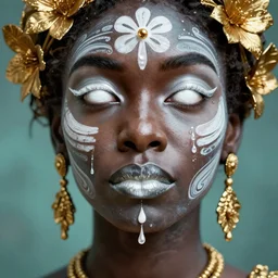 hyperrealistic post - symbolist cinematic very beautiful! oshun goddess with white eyes, yoruba body paint, dripping droplet lips, gold flowers, highly detailed digital art masterpiece, smooth etienne sandorfi eric zener dramatic pearlescent soft teal light, ground angle uhd 8 k, sharp focus