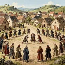 Big battle between humand and vampires in a village during the Middle Ages, hyperdetailed, artstation, cgsociety, by greg rutkowski, by Gustave Dore