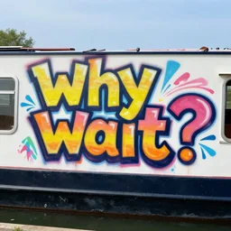 a brightly colored graffiti sign for a canal boat saying why wait?, punk graffiti