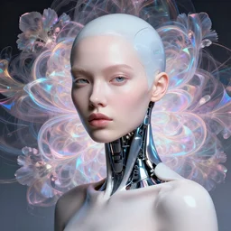 portrait study, cyborg supermodel with floral background : : holographic fractals : : by karol bak, artgerm, moebius, elena masci, tom bagshaw, giuseppe arcimboldo, android jones : : portrait, illustration, photorealism, hyperrealism, surrealism, negative space, intricate detail, line work