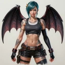 gorgeous!! hyper - realistic giant woman resembling bulma + felicia from darkstalkers + tifa lockhart ff 7, tattoos, bat wings on back | drawn by artgerm, drawn by wlop, drawn by jeehyung lee | intricate, high detail, ultra graphics, photorealistic, symmetrical, cinematic, smooth, sharp focus, character design, expressive, cute, beautiful!! full body, concept art, octane render - h 8 3 2