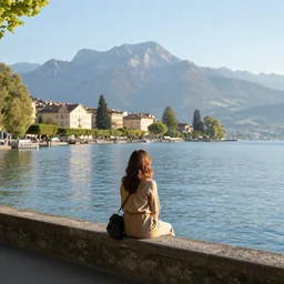 woman sitting on a small wall at the lake of annecy, looking at the mountains in the distance. city photography, beautiful lighting
