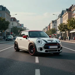 mini cooper gts race with rocket bunny kit in the middle of a road on europe city, cinematic color grading, unreal 5, hyperrealistic, realistic, hasselblad photo, dynamic lighting, highly detailed, cinematic landscape, studio landscape, studio lighting, modern car design