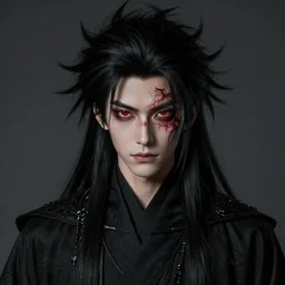 scar on face, handsome japanese demon boy, young adult mazoku man with long wild spiky black hair, vantablack cloak, ultra - black cloak, red eyes, ultra realistic, intricate details, eerie, highly detailed, photorealistic, octane render, 8 k, art by artgerm, greg rutkowski, charlie bowater, magali villeneuve, alphonse mucha