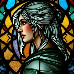 side - view portrait of ciri from the witcher 3, 1 0 th century stained glass window, very masterful
