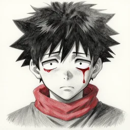 Izuku Midoriya crying blood from his swollen eyes, Greg Rutkowski pencil painting