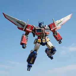 Flight shot of Jetfire from Transformers on a clear sunny day with a blue sky, Jetfire!!!!!, Jet wings on the hips, fuselage on the arm, Highly Detailed, Transformers!!!!!!!!!!!!!, Skyfire, Battroid Mode, Zone of Enders, Genesis of Aquarion, Aquarion, Anime Robots, Mecha Anime, Anime, Robots, Robot, Robot Mode, 8k, ultra realistic, illustration, splash art, rule of thirds, good value control, Yoshifumi Ushima