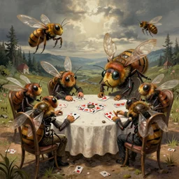 surreal caricature sketch by r. crumb, theme of giant insects playing cards while seated around a round table