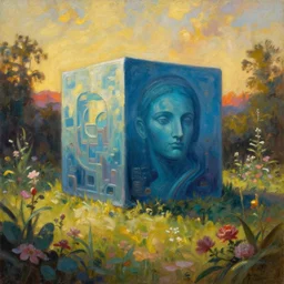 8 0 sci fi oil painting, portrait of ocean cube, middle of a garden, golden hour, in style of classicism mixed with sci - fi books art