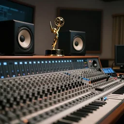 sharp close-up photo of a mixing and mastering engineering studio. Expensive mastering loudspeakers, a large mixing desk. Emmy Award-winning mixing engineer studio. Cinematic dark lighting, dusty Atmosphere, award-winning photography, 35 mm f/12 photography. Sharp, 4k, sigma lens. Very, very detailed
