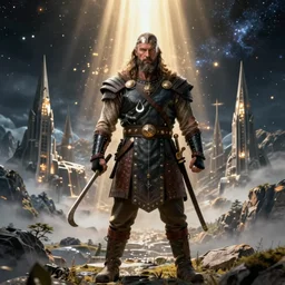 a mighty viking warrior standing in front of a landscape of valhalla, god rays, inspired by norse mythology, portal to outer space, 4k digital art unreal engine trending on artstation