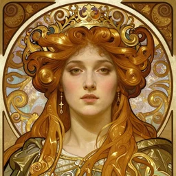 realistic detailed face portrait of a beautiful young medieval queen with flowing hair by Alphonse Mucha, Greg Hildebrandt, and Mark Brooks, gilded details, spirals, Neo-Gothic, gothic, Art Nouveau, ornate medieval religious icon