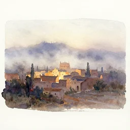 small centered on watercolor paper, paint brush strokes, abstract watercolor painting of foggy dawn, arabian village, cinematic light, national romanticism by hans dahl, by jesper ejsing, by anders zorn, by greg rutkowski, by greg manchess, by tyler edlin