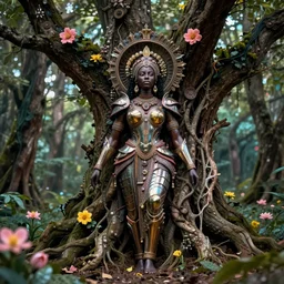 high quality photo neo - rococo cinematic super expressive! yoruba goddess with exoskeleton armor, merging with tree in a forest, pink yellow flowers, highly detailed digital art masterpiece, smooth etienne sandorfi eric zener dramatic pearlescent soft teal light, ground angle hd 8 k, sharp focus