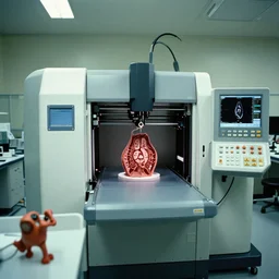 a octoidal mri 3 d printer machine and control panels in the laboratory inspection room making organic forms, film still from the movie directed by denis villeneuve with art direction by salvador dali, wide lens