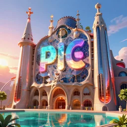 highly detailed futuristic architecture by Frank Lloyd Wright and Antoni Gaudí, reflective lighting, huge holographic logo, ground-level view, puddles of turquoise water, stunning sunny lighting, sunrise, vivid colors, in the style of pixar animation, trending on Artstation, 8k, matte painting, ray tracing, hyper detailed, unreal engine 5, cinematic, epic lighting, cryengine, octane render, cyberpunk, red and orange glow, vibrant
