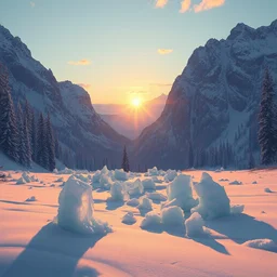 snowy landscape in the canadian mountains in the evening sun, iceicles, by philippe gare, artstation, greg rutkowski