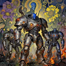 composition of gothic and futuristic, warhammer, animals in cyber armor, more scars and fire, many mechflowers, blue head, some purple and yellow, the middle ages, highly detailed, artstation, in the style of moebius, jugendstil and classic japanese print, psychedelic, art by beksinski, bradley, otherworldly, andre le notre