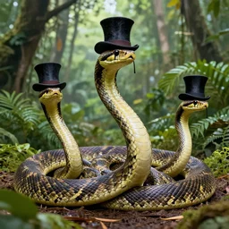 huge snakes wearing top hats in the jungle, national geographic photo, detailed, 4k
