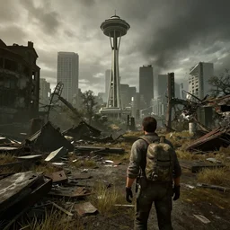 Seattle in ruins post-nuclear war in Fallout 4, in game screenshot