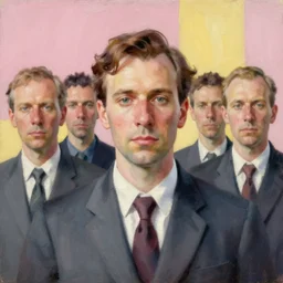 portrait of a man in a suit with tie highly detailed oil painting by francis bacon, edward hopper, adrian ghenie, glenn brown, soft light, 4 k, pink and yellow,